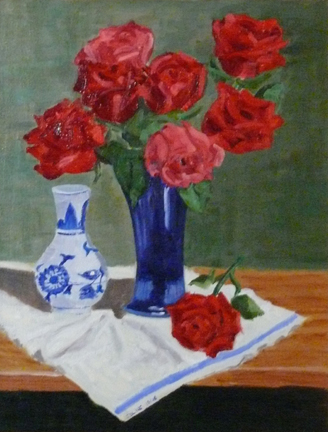 Red Roses and Blue Vase